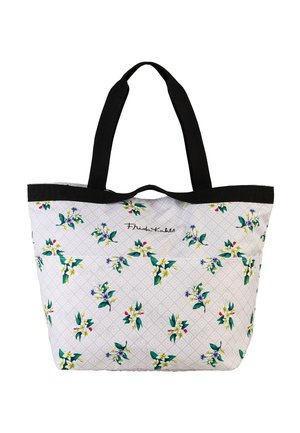 Umhängetasche mit floralem Muster, das grüne Blätter und gelbe, rote und blaue Blumen auf einem hellgrauen Diamant-Hintergrund zeigt. Schwarze Tragegriffe.