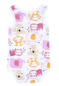 Bodysuit en coton blanc avec des imprimés colorés d'animaux de dessin animé, incluant des singes, des éléphants et des koalas dans des tons de rose, d'orange et de beige.