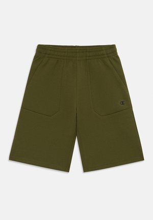 Olive green shorts made of soft fabric with an elastic waistband, featuring two front patch pockets and a logo on the left side.