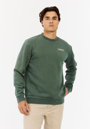 Man draagt een groene trui met ronde hals met het logo "PROTEST" op de borst en beige broek, staand tegen een witte achtergrond.