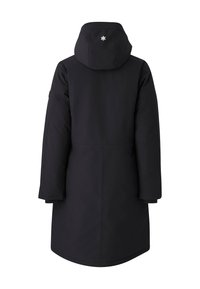 Zwarte waterdichte parka met capuchon, voorzien van lange mouwen, een rechte snit en een klein logo-accent op de achterkant, geschikt voor koud weer.