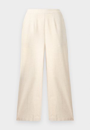 Pantalon large taille haute crème avec plis, en tissu léger en lin, présenté à plat.