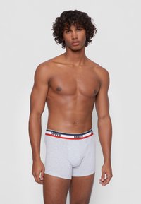 Gray boxer briefs with a black waistband featuring red and white stripes and the "Levi's" logo on the front. Smooth cotton texture.