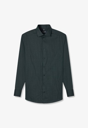 Dunkelgrünes Herrenhemd mit langen Ärmeln, kleinem Diamantmuster, durchgehendem Knopfverschluss und klassischem Kragen vor weißem Hintergrund.