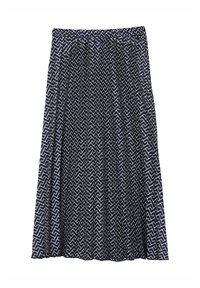 Jupe marine avec motif zigzag blanc, taille élastique et silhouette fluide. Tissu léger avec une texture lisse. Design mi-long.