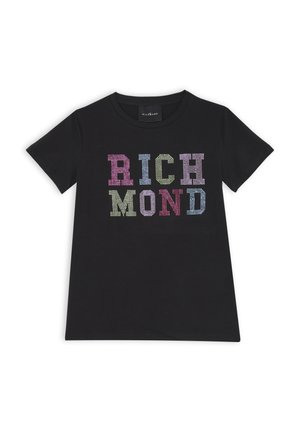 T-shirt nera a maniche corte con lettering in strass multicolore che scrive "RICHMOND." Design a girocollo e materiale in cotone morbido.