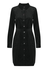 Robes noires à boutons, en tissu texturé, avec un col, des manches longues et une taille ceinturée, dotée de boutons en métal argenté sur le devant.