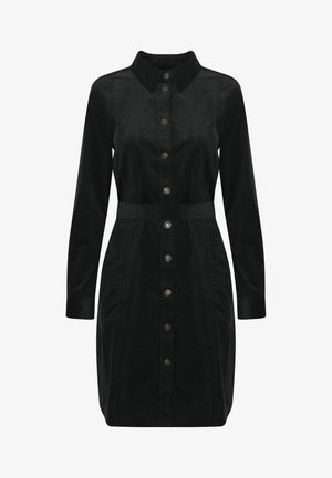 Zwarte knop-up jurk van textuurstof, met een kraag, lange mouwen en een ceintuur in de taille, voorzien van zilverkleurige knopen aan de voorkant.