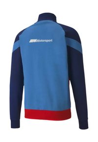Blauwe en marineblauwe sweatshirt met rode accenten, hoge kraag en "Motorsport" logo op de achterkant. Glad oppervlak, lange mouwen, sportief design.