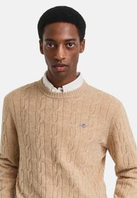 Beige gebreide trui met een kabelpatroon, ronde halslijn en een klein geborduurd logo op de linkerkant van de borst. Zachte textuur.