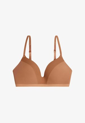 Sujetador inalámbrico en un tono marrón cálido, con tejido suave, diseño de escote en v y tirantes ajustables con un sutil panel de malla.