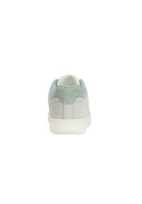 Gray suede sneaker with a mint green heel accent, white rubber sole, and a soft fabric lining, viewed from the rear. Minimalist design.