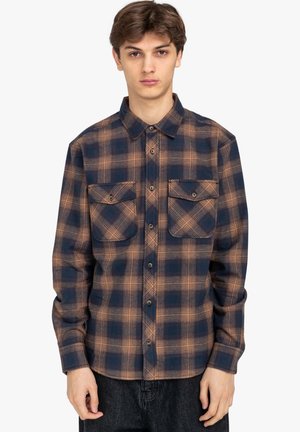 Blue and orange plaid flannel shirt with a pointed collar, two chest pockets, buttoned front, and long sleeves. Soft texture.
