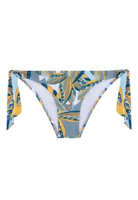 Bikini onderkant met een tropisch bladpatroon in blauw, geel en groen. Beschikt over verstelbare zijkanten en een gladde witte voering.