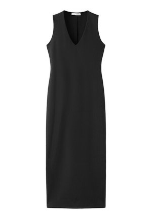 Čierne midi šaty bez rukávov s výstrihom do V a rovný strih, vyrobené z hladkej látky, vhodné na formálne aj neformálne nosenie.