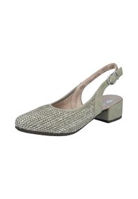 Slingback schoen met een vierkante neus, gestructureerde geweven bovenzijde in lichtgroen en beige, en een lage blokhak in bijpassend nepleer.