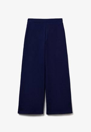 Tmavě modré široké kalhoty z hladké látky, s vysokým pasem, bez viditelných zapínání a s čistými, nezdobenými okraji.