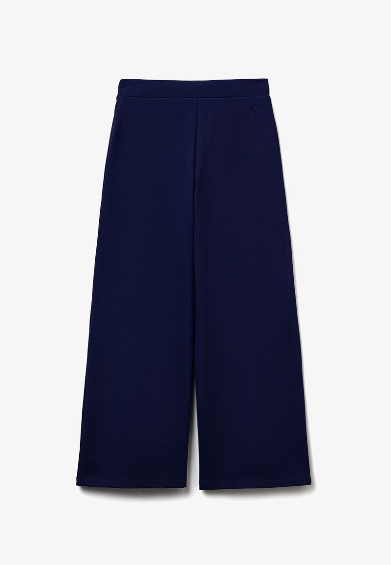 Tmavě modré široké kalhoty z hladké látky, s vysokým pasem, bez viditelných zapínání a s čistými, nezdobenými okraji.