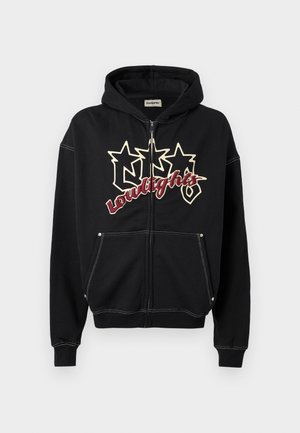 Black zip-up hoodie made of soft fabric. Features a large graphic with stars and text "Loudlights" in red and cream. Includes front pockets.