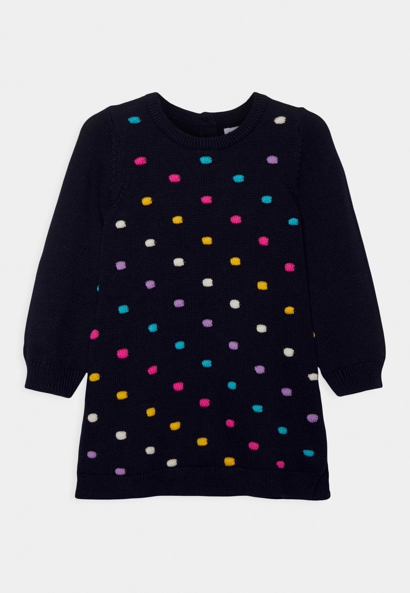 Pull en maille bleu marine à manches longues avec des pois en relief multicolores rose, jaune, blanc, violet et sarcelle, col rond.