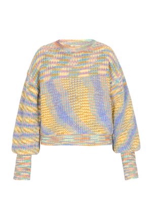 Mehrfarbiger, verkürzter Pullover aus strukturiertem Strickstoff mit Ballonärmeln, der Muster in den Farben Gelb, Blau, Pink und Grün aufweist.