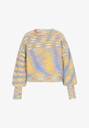 Multicolored cropped sweater made of textured knit fabric with balloon sleeves, featuring shades of yellow, blue, pink, and green patterns.