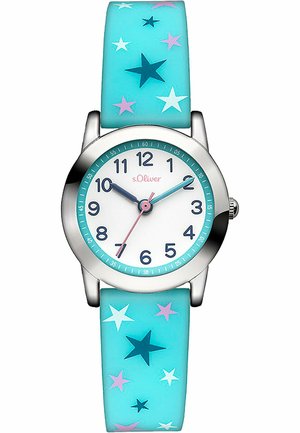 Børneur med turkis stjernemønster på remmen, hvid urskive, blå tal og sølvfarvet kasse, der viser tiden 10:10:36.