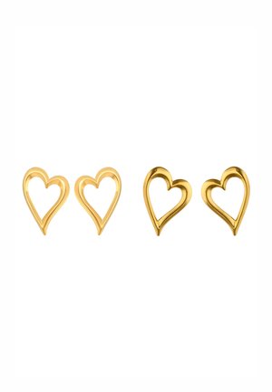 Goldene Ohrringe in Herzform mit zwei verschiedenen Designs: eines mit Durchbruchmuster und eines in Vollform. Glatte Oberfläche mit reflektierendem Finish.