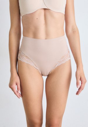 Beige high-waisted panties with lace accents on the sides, featuring a smooth texture and a seamless design. Subtle brand logo printed above the waistband.