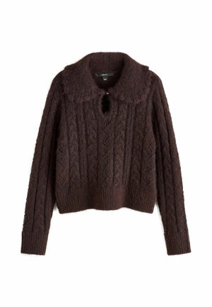 Pulover tricotat maro, cu guler ondulat, detalii cu buton în formă de cheie și model cu puncte înfășurate. Lungime scurtă, cu mânici și tiv din tricot ribat.