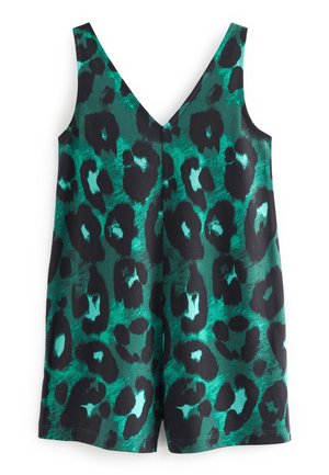 Mouwloze romper met diepe V-hals in groen en zwart abstract luipaardprintpatroon.