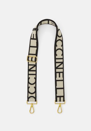 Woven fabric strap with a cream and black logo design, featuring gold-tone metal clips for attachment and adjustable length.