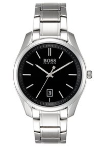 Silver stainless steel watch with a black dial, silver hour and minute hands, and a date display at 6 o'clock. Marked hour indices.