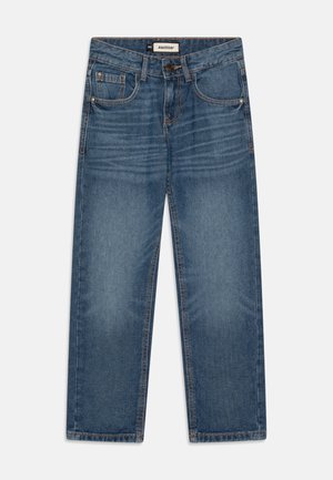 Jeans in denim blu a gamba dritta con bottoni anteriori, chiusura con zip e design a cinque tasche, con effetti di scolorimento chiaro e dettagli di cucitura.