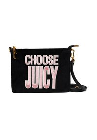 Schwarze samtige Umhängetasche mit goldenen Beschlägen; vorne mit fettem, pinkem gesticktem Text "CHOOSE JUICY"; verstellbarer Riemen.
