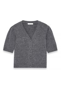 Pelēks īsām piedurknēm kardigāns ar teksturētu adījumu, ar V-veida kakla izgriezumu un pieciem pogām priekša.