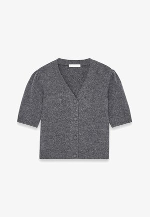 Grå kortærmet cardigan i en tekstureret strik, med V-hals og fem knapper ned foran.