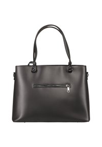 Zwarte handtas van imitatieleer met twee bovenhandvatten, een groot hoofdvak en een ritssluiting aan de voorkant. Soepele textuur en minimalistisch ontwerp.