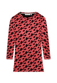 Red long-sleeve top with black abstract pattern, round neckline, and soft texture. Features a relaxed fit and structured hemline.