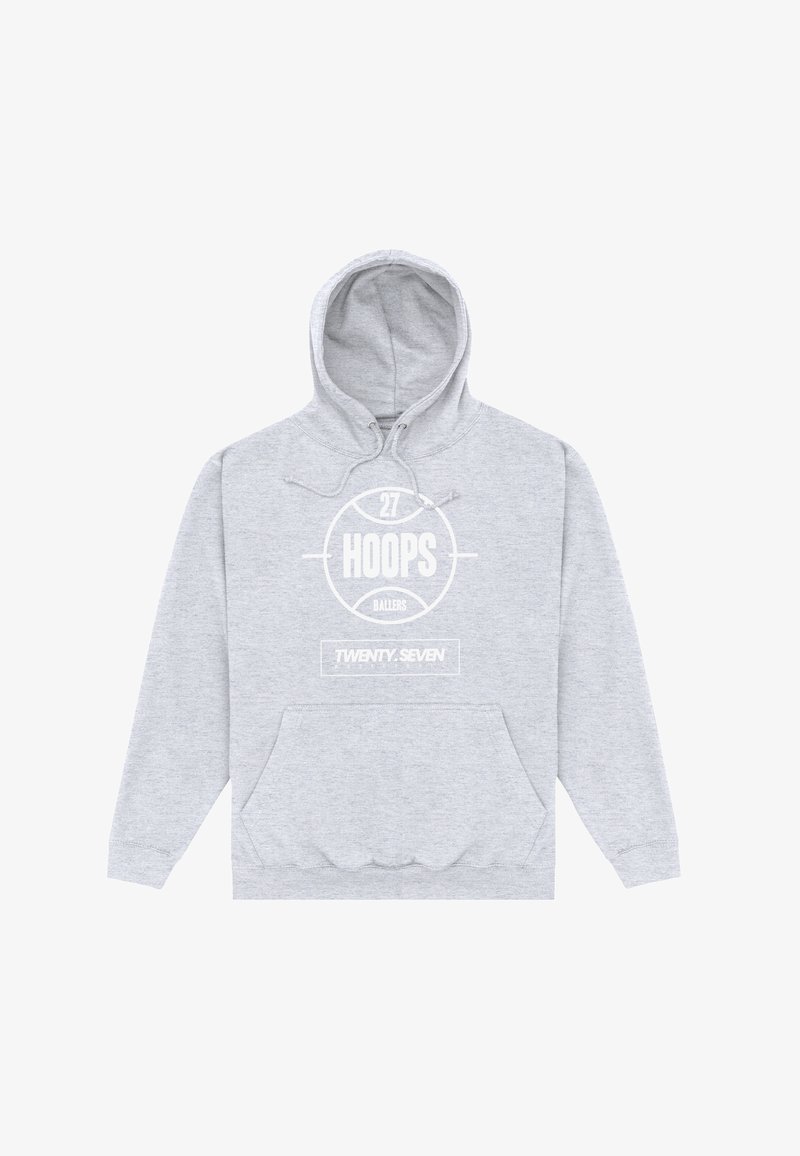 Sweat à capuche gris clair avec poche avant, arborant un texte blanc et un motif de basket-ball indiquant "27 HOOPS BALLERS TWENTY.SEVEN".