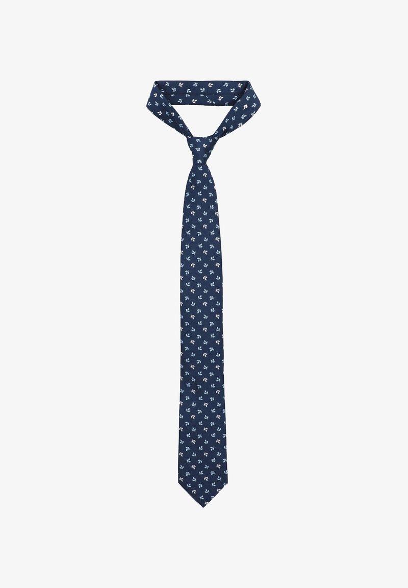 Granatowy krawat z materiału, zdobiony powtarzającym się wzorem kwiatów w bieli i jasnym niebieskim. Smukły krój z szpiczastym końcem i płaskim kołnierzykiem.