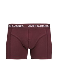 Maroon men's boxer briefs made of soft fabric. Features a white elastic waistband displaying "JACK & JONES" in bold letters.