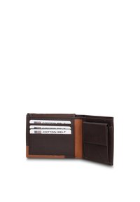 Bruine leren portemonnee met meerdere kaartsleuven, een apart muntvak en een contrasterende tankleurige rand.