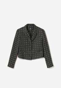 Blazer court en tissu gris foncé à motif à carreaux, col à revers crantés, fermeture boutonnée devant et deux poches latérales.