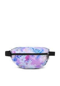 Midjeväska i blommönster med lila, rosa och blå nyanser; med dragkedjestängning och svart justerbar rem. Slät tygtextur.