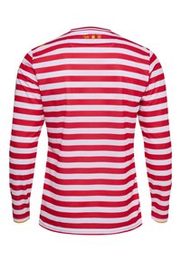 Chemise à manches longues rayée rouge et blanche avec un col côtelé. Présente des accents jaunes près de l'encolure et aux poignets. Fabriquée en tissu lisse.