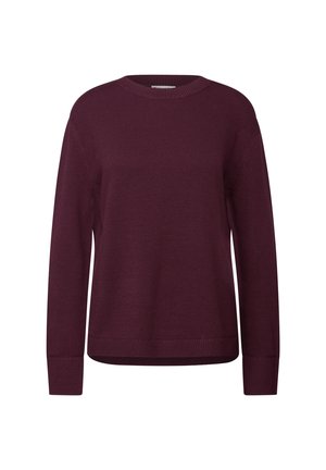 Burgundy striktrøje med lange ærmer, rund hals, ribbet manchetter og afslutning, afslappet pasform, glat tekstur og ensartet syning.