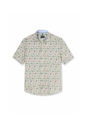 Chemise à manches courtes boutonnée avec fond crème et motif floral complet dans des tons verts, roses et bleus.