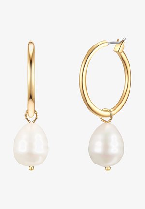 Zelta auskari ar gredzenu, kuros ir pakaramo formu, spīdīga balta pērle. Dizains ietver drošu aizdari un gludu, pulētu apdari.