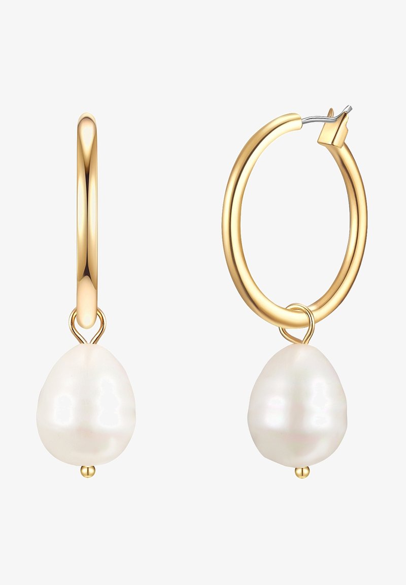 Gold hoop earrings featuring a drop-shaped, lustrous white pearl. The design includes a secure latch closure and smooth, polished finish.